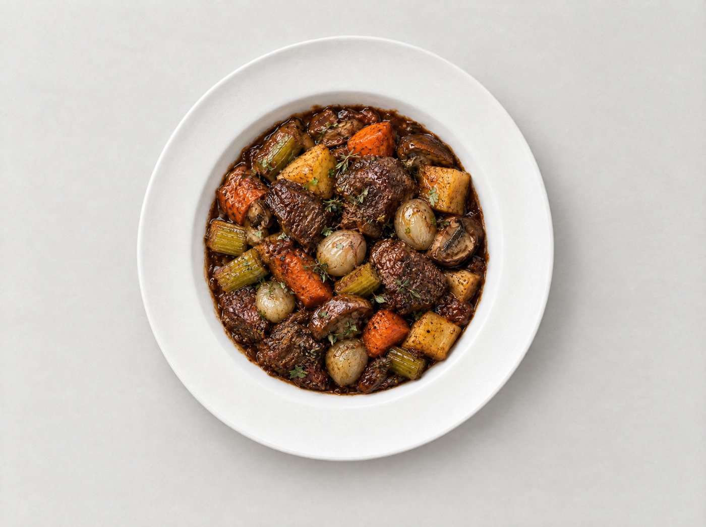 Mediterranean Paleo braised beef stew with carrots, celery, pearl onions and mushrooms