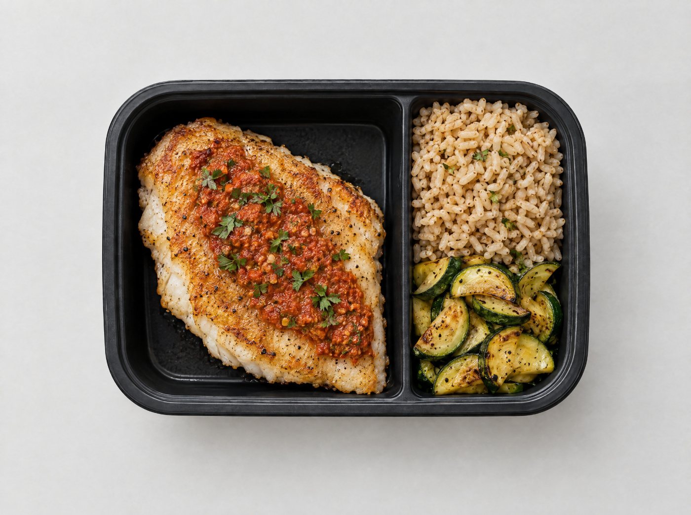 Mediterranean Paleo seared white fish with romesco, rice and grilled zucchini in a meal prep container