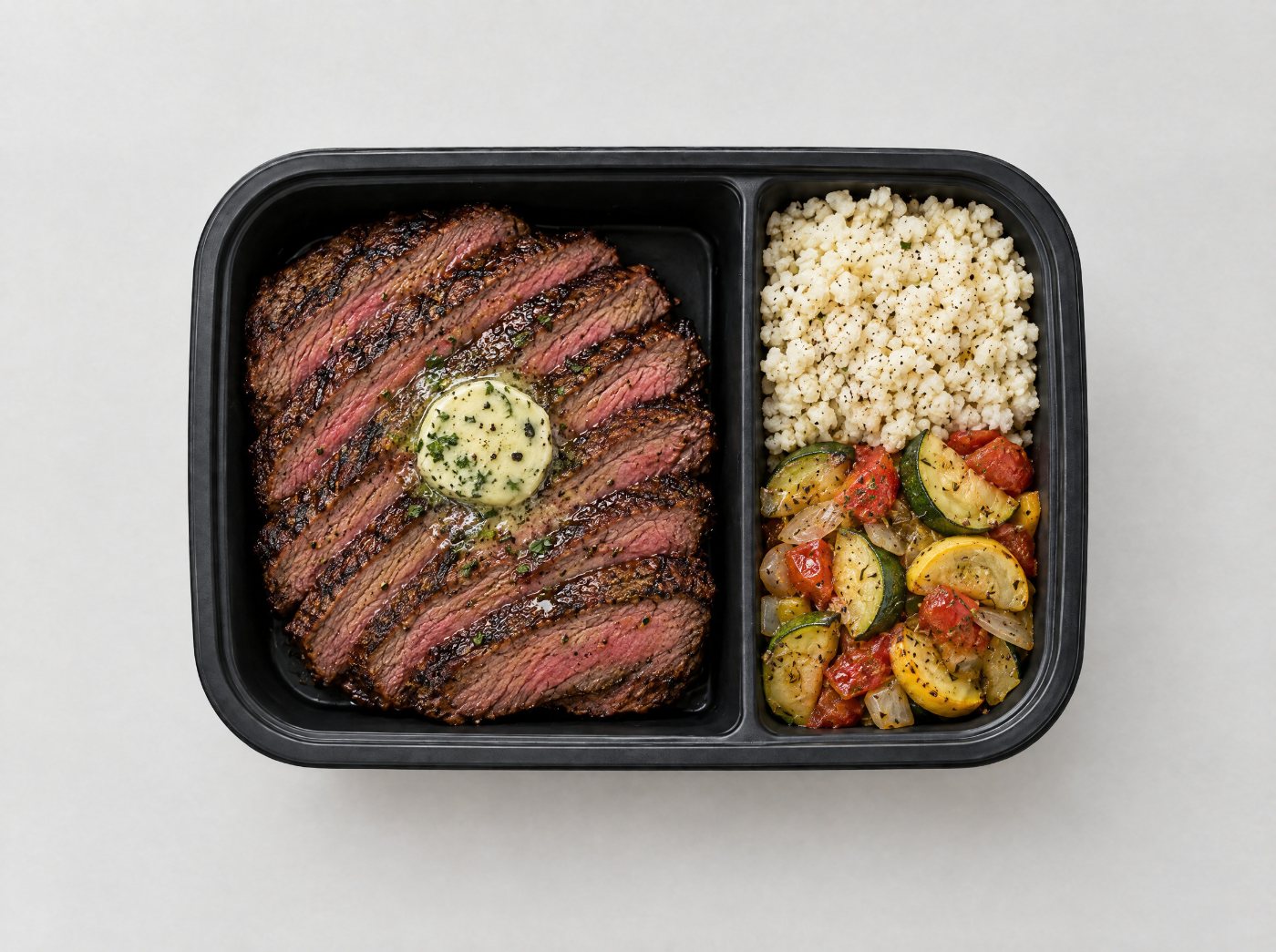 Mediterranean Paleo grilled flank steak with herb butter, cauliflower rice and roasted vegetables in a meal prep container